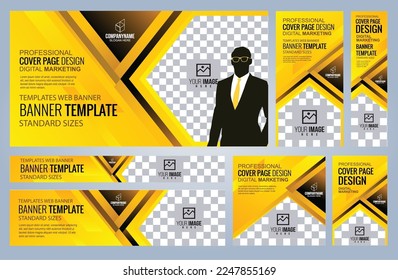 Set of Yellow Web banners templates, Coverpage Standard sizes with space. Vector illustration