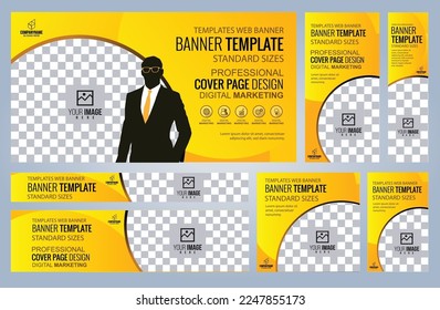 Conjunto de plantillas de banners web amarillos, tamaños estándar de cobertura con espacio. Ilustración del vector