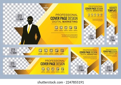 Conjunto de plantillas de banners web amarillos, tamaños estándar de cobertura con espacio. Ilustración del vector