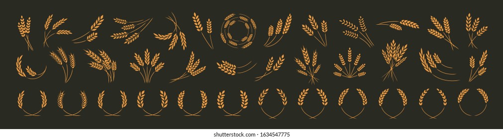 Set of yellow wheat ear icons and wheat wreaths isolated on a black background, vector illustration.