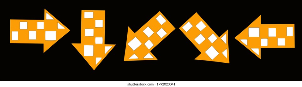 Set of yellow and white arrows in different directions on black background for the design of websites, articles, banners and templates.
