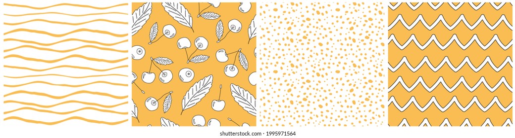 Juego de dibujos animados de dibujos animados de dibujos animados de dibujos animados de verano amarillos y blancos brillantes. Ilustración gráfica aislada a mano de bayas, hojas, olas, puntos