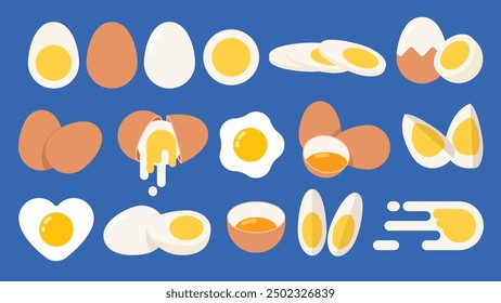 Set of Yellow white Egg, half, quarter and Slices of Boiled egg, hatched egg, peeled, raw egg, long and cross sections, different positions, simple flat vector illustration