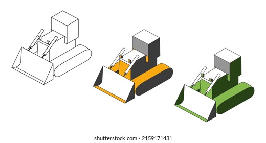 A set of yellow, white, green bulldozer in isometry, isolated on a white background. Vector layout of a construction machine, easy editing and repainting.