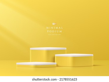 Set of yellow and white round corner cube pedestal podium. Minimal wall scene. Pastel color abstract room design. Vector geometric rendering 3d shape for cosmetic product display. Stage for showcase. - Shutterstock ID 2178551623