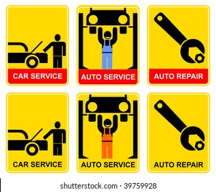 Set of yellow-black signs for car service. Car mechanician repairing the machine. Information sign, vector icon for workshop.
