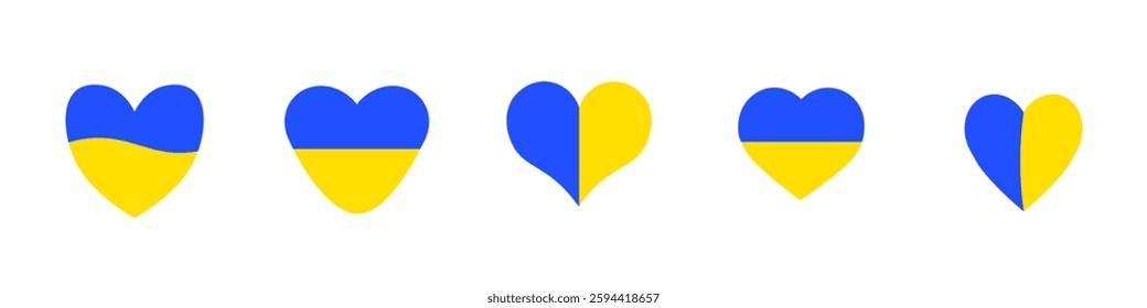 Set of yellow-blue flag in the shape of a heart.  I love Ukraine. Set of patriotic icons. Vector illustration.
