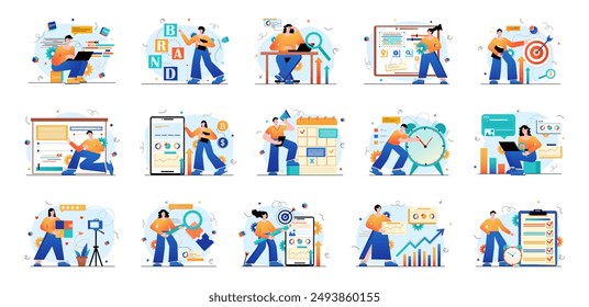 Set of yellow-blue gradient concepts with people scene in flat cartoon design. The set of illustrations are done in saturated colors and cover a variety of topics. Vector illustration.