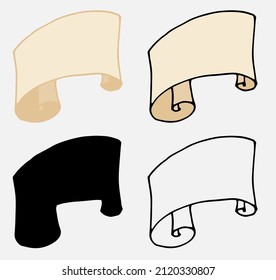 A set of yellow-brown scroll icons. A collection of scrolls in the style of doodles with a ribbon isolated by a black outline and a silhouette in the light, with space for text for a label template. v