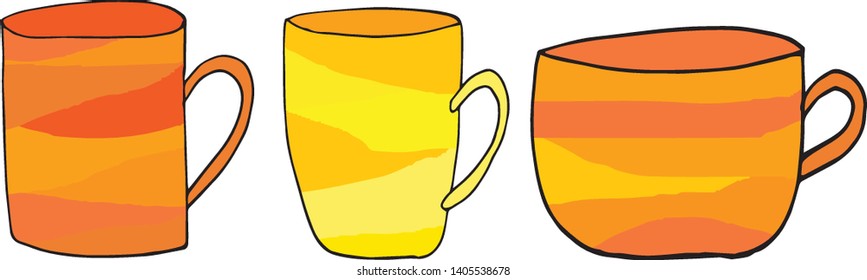 set of yellow-orange mugs on a white background. vector for design of posters, cards, banners, catalogs.