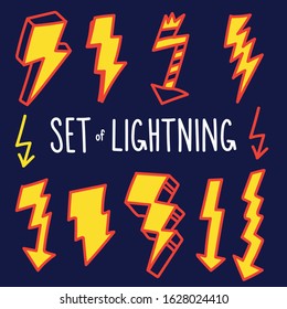 set of yellow-red lightning of different shapes in hand style drawing on a dark background