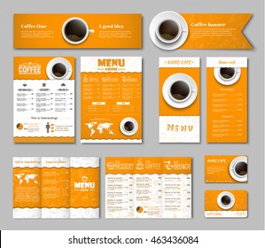 Set of yellow-white corporate identity of the banner, menus, flyers, folding brochures and gift card. Template with hand drawings in the background and a cup of black coffee, top view. MOCKUP