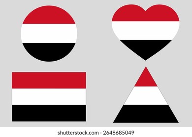 Set of Yemen national flags in circle, heart, square, and triangle shapes. Official standard colors. Perfect for education, infographics, national day, politics, or cultural identity design.