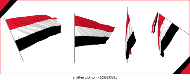 Set of Yemen state waving flags in solemn or proud style. Real clothes or silk effect. Vector illustration. 