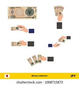 Set of Yen banknote. Holding, throwing Yen banknote.