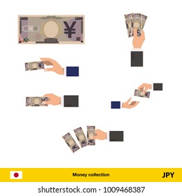 Set of Yen banknote. Holding, throwing Yen banknote.