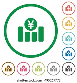 Set of Yen graph color round outlined flat icons on white background