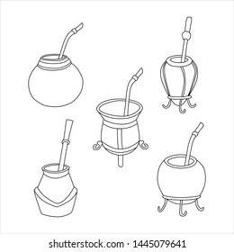 Set of yerba mate tea - calabash and bombilla. Accessory for drink mate. Outline style. Hand drawn vector illustration