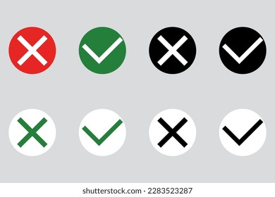 Set of Yes and Bo or Approved and Rejected or Right and Wrong Icons with Check Mark and Cross Symbols. vector