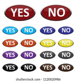 set of "yes" and "no" buttons in different colors isolated on the white background