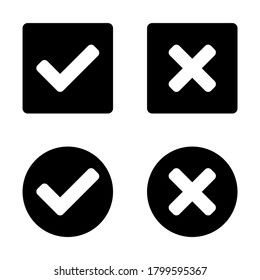 Set of Yes and No or Right and Wrong or Approved and Declined Icons with Check Mark and X Signs in Squares with Rounded Corners and Circles. Vector Image.