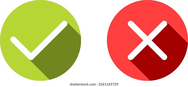 Set of Yes and No or Right and Wrong or Approved and Rejected Icons with Check Mark and Cross Symbols in Green and Red Circles with 3d Shadow Effect. Vector Image.