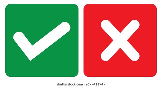 Conjunto de Ícones Sim e Não ou Direito e Errado ou Aprovado e Rejeitado com Marca de Seleção e Símbolos Cruzados no ícone da caixa de seleção. Ícone simples vetor de símbolo de tique e cruz. Sim, não, correto, errado.