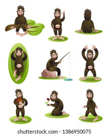 Set of yeti or bigfoot character in different daily situation