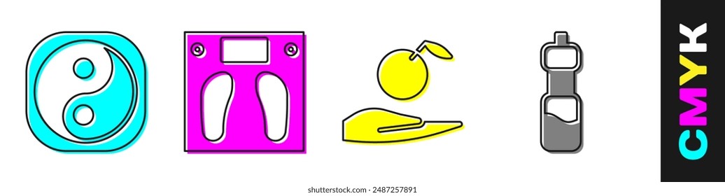 Set Yin Yang, Bathroom scales, Apple in hand and Bottle of water icon. Vector