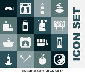 Set Yin Yang, Bottle of shampoo, Spa salon signboard, water, with milk, Burning candle, Eye sleep mask and Perfume icon. Vector