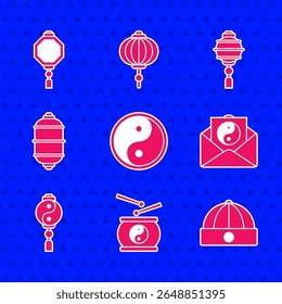 Set Yin Yang, Chinese drum, hat, and envelope, paper lantern,  and  icon. Vector