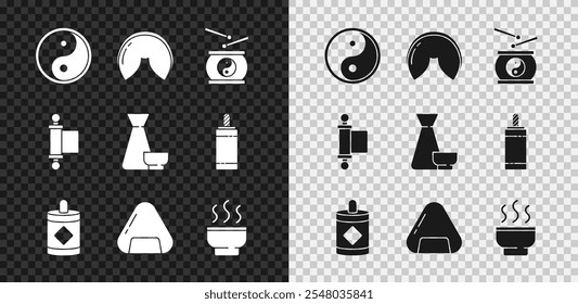 Set Yin Yang, galleta de la fortuna china, tambor, fuegos artificiales, sushi, ceremonia del té, decreto, papel, pergamino, pergamino e icono. Vector