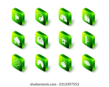 Set Yin Yang, Chinese hat, Firework, Bamboo, Lotus flower, Rice bowl with chopstick and fortune cookie icon. Vector