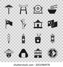 Set Yin Yang, Chinese paper lantern, China flag, Gong, Bamboo, flagpole, Japanese umbrella from the sun and house icon. Vector