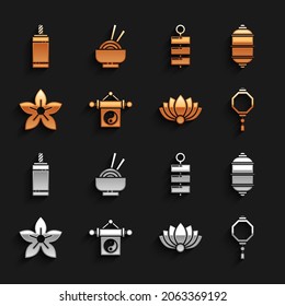 Set Yin Yang, Chinese paper lantern, Lotus flower, Firework,  and Asian noodles bowl icon. Vector