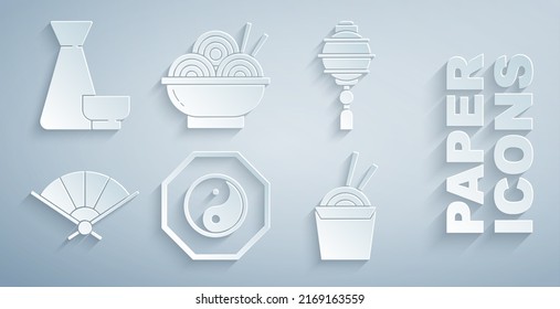 Set Yin Yang, Chinese paper lantern, Paper chinese folding fan, Asian noodles box and chopsticks, bowl and tea ceremony icon. Vector