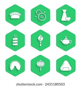 Set Yin Yang, Chinese paper lantern, Sushi, tea ceremony, fortune cookie, Firework,  and  icon. Vector