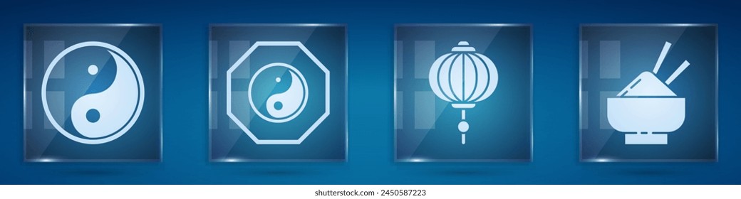 Set Yin Yang, Yin Yang, Chinese paper lantern and Rice in a bowl with chopstick. Square glass panels. Vector