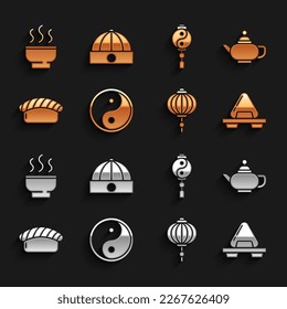 Set Yin Yang, Chinese tea ceremony, Sushi cutting board, paper lantern,  and hat icon. Vector