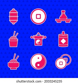 Set Yin Yang, Chinese Yuan currency, Firework, Asian noodles bowl, paper box and chopsticks, Dumpling on cutting board and lantern icon. Vector