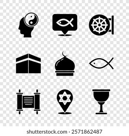 Set Yin Yang, Christian fish, Dharma wheel, Decree, paper, parchment, scroll, Star of David, Holy grail or chalice, Kaaba mosque and Muslim Mosque icon. Vector