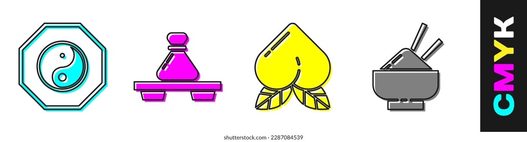 Set Yin Yang, Dumpling on cutting board, Peach fruit and Rice in a bowl with chopstick icon. Vector