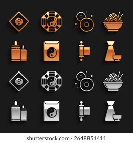 Defina Yin Yang e envelope, tigela de macarrão asiático, cerimônia de chá chinês, decreto, papel, pergaminho, pergaminho, fogos de artifício, moeda Yuan e ícone. Vetor