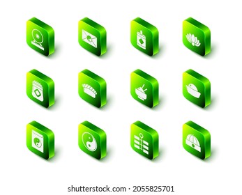 Set Yin Yang and envelope, Firework, Lotus flower, Sushi, Chinese hat, Rice bowl with chopstick,  and  icon. Vector