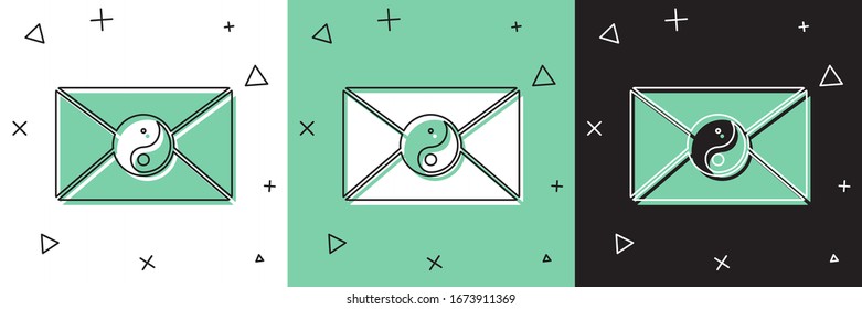 Set Yin Yang and envelope icon isolated on white and green, black background. Symbol of harmony and balance.  Vector Illustration