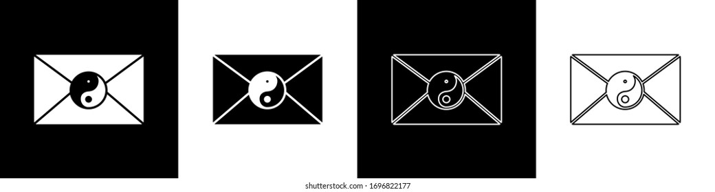 Set Yin Yang and envelope icon isolated on black and white background. Symbol of harmony and balance.  Vector Illustration