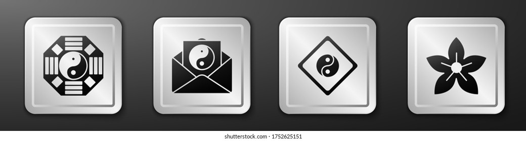 Set Yin Yang, Yin Yang and envelope, Yin Yang and Lotus flower icon. Silver square button. Vector