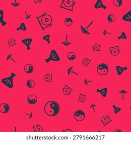 Set Yin Yang, Gong, Dumpling and Japanese umbrella from the sun on seamless pattern. Vector