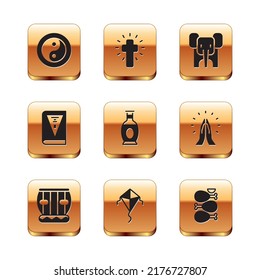 Set Yin Yang, Instrument tabla, Kite, Indian vase, constitution day, Elephant, Tandoori chicken and Christian cross icon. Vector