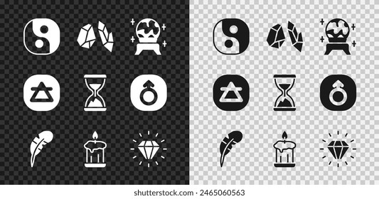 Set Yin Yang, Magic stone, ball, Feather pen, Burning candle, Diamond, Air element and Old hourglass with sand icon. Vector